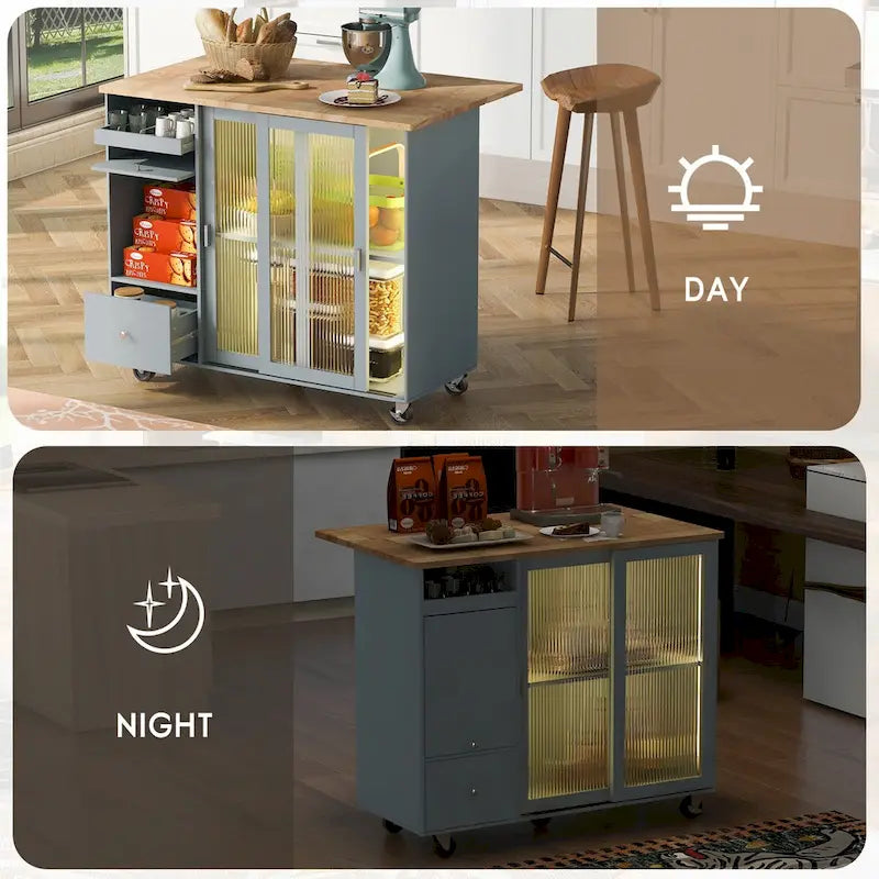 Kitchen Island Cart with Drop Leaf, LED Light, Fluted Glass Doors, Adjustable Shelf, and 2 Drawers