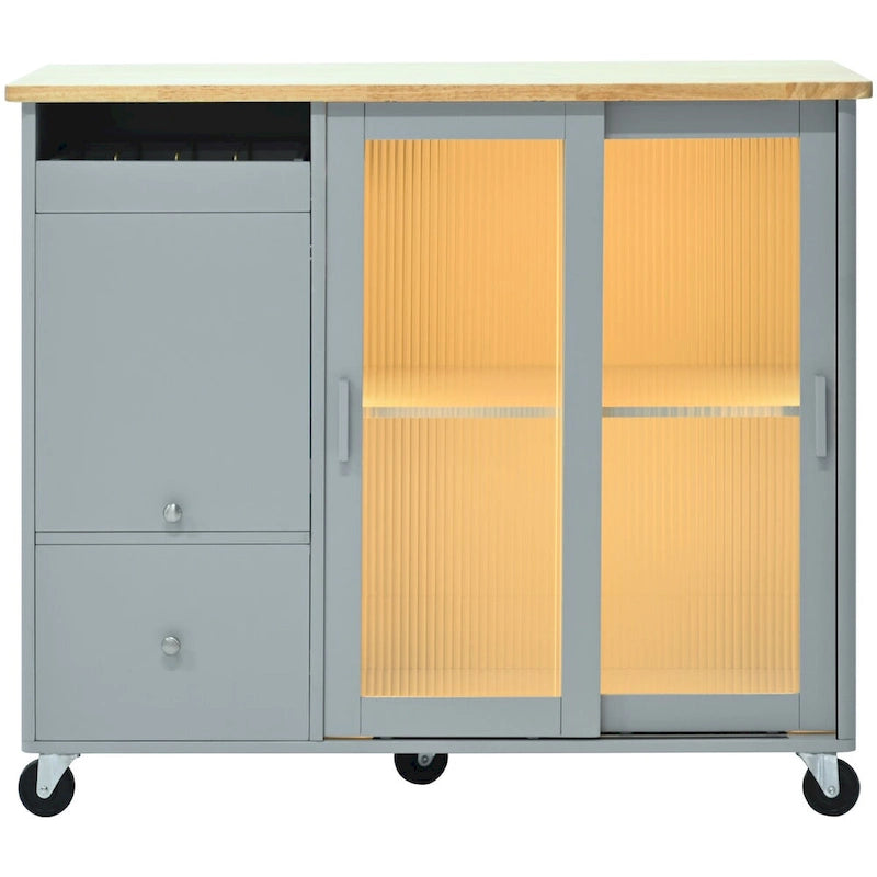 Kitchen Island Cart with Drop Leaf, LED Light, Fluted Glass Doors, Adjustable Shelf, and 2 Drawers