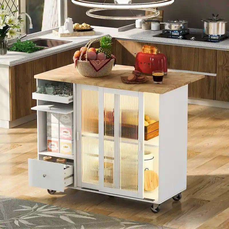 Kitchen Island Cart with Drop Leaf, LED Light, Fluted Glass Doors, Adjustable Shelf, and 2 Drawers