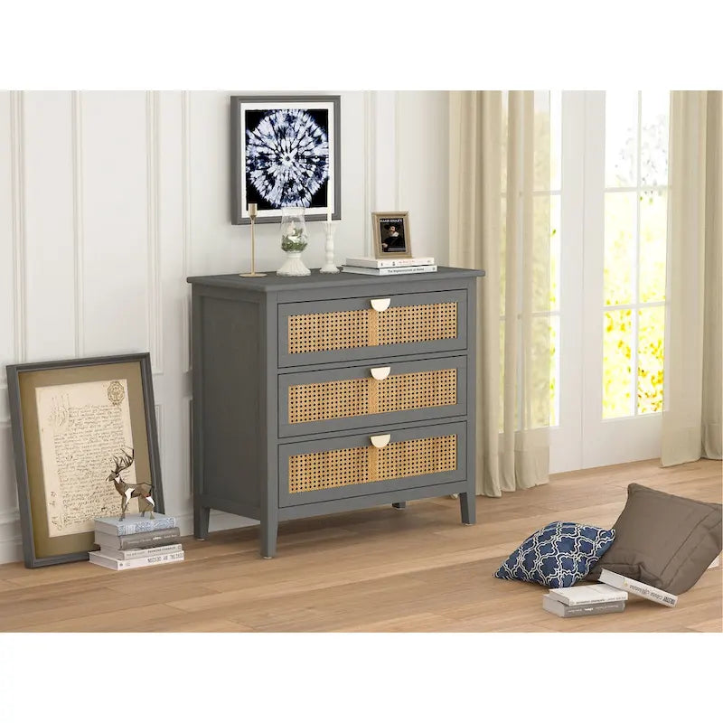 3 Drawer Cabinet,Natural rattan,American Furniture,Suitable for bedroom, living room, study