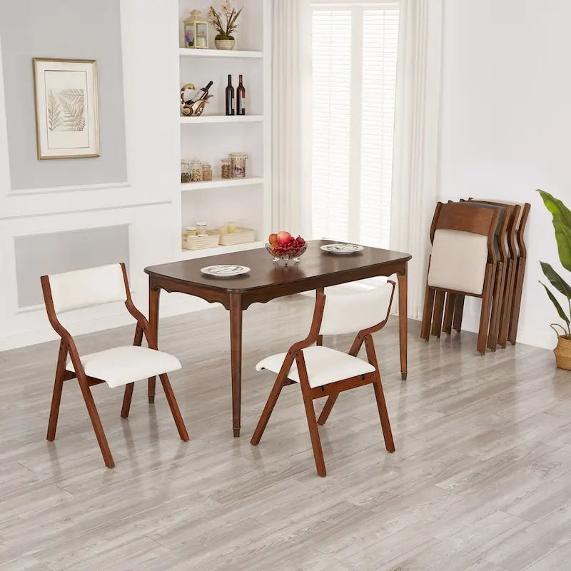 Upholstered Folding Dining Chair, Space Saving, Easy To Carry, Dining Room, 2-Pack-Cream White+Cherry