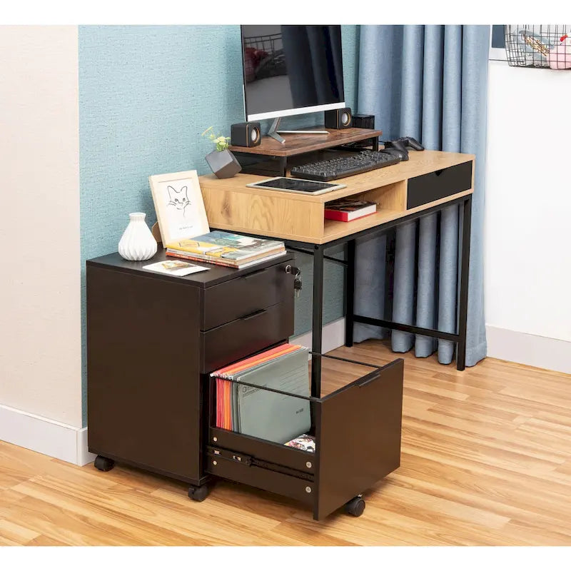 JJS 3 Drawer Rolling File Cabinet Wooden Storage with Lock & Wheels