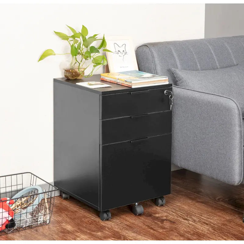 JJS 3 Drawer Rolling File Cabinet Wooden Storage with Lock & Wheels