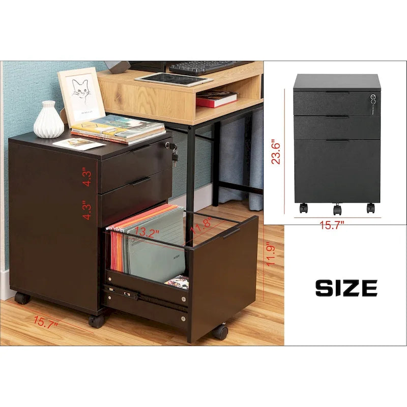JJS 3 Drawer Rolling File Cabinet Wooden Storage with Lock & Wheels