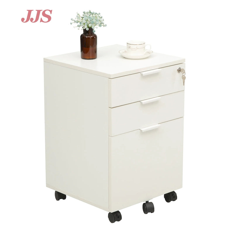 JJS 3 Drawer Rolling File Cabinet Wooden Storage with Lock & Wheels