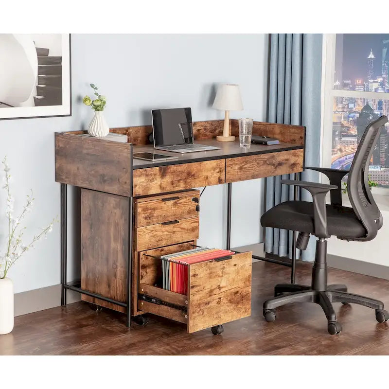 JJS 3 Drawer Rolling File Cabinet Wooden Storage with Lock & Wheels