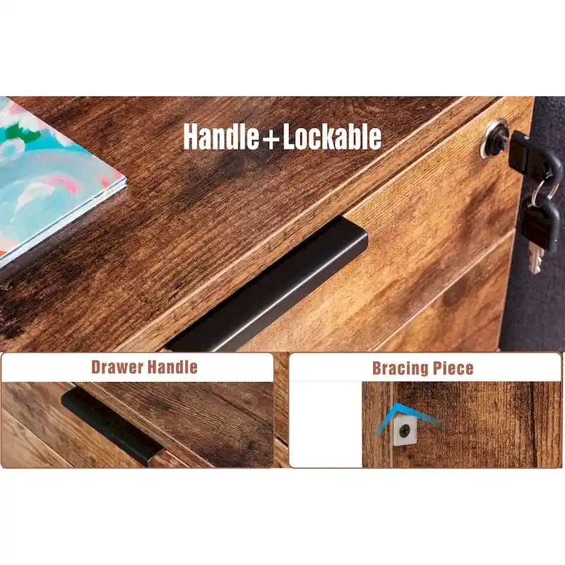 JJS 3 Drawer Rolling File Cabinet Wooden Storage with Lock & Wheels