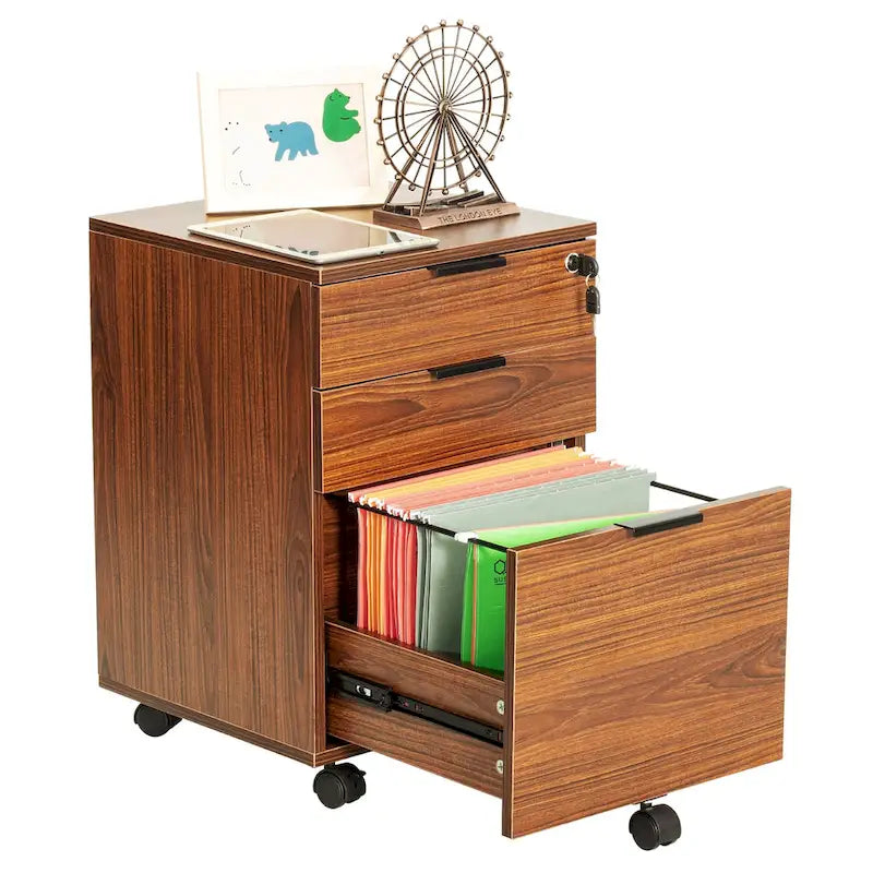 JJS 3 Drawer Rolling File Cabinet Wooden Storage with Lock & Wheels