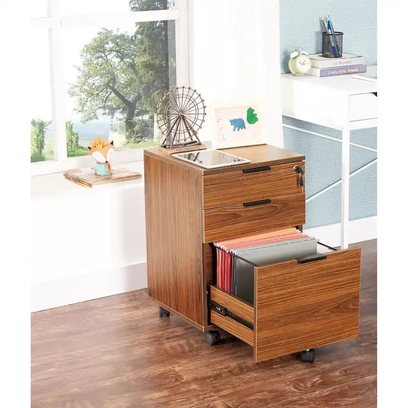 JJS 3 Drawer Rolling File Cabinet Wooden Storage with Lock & Wheels