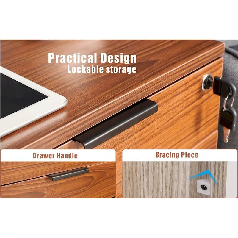 JJS 3 Drawer Rolling File Cabinet Wooden Storage with Lock & Wheels