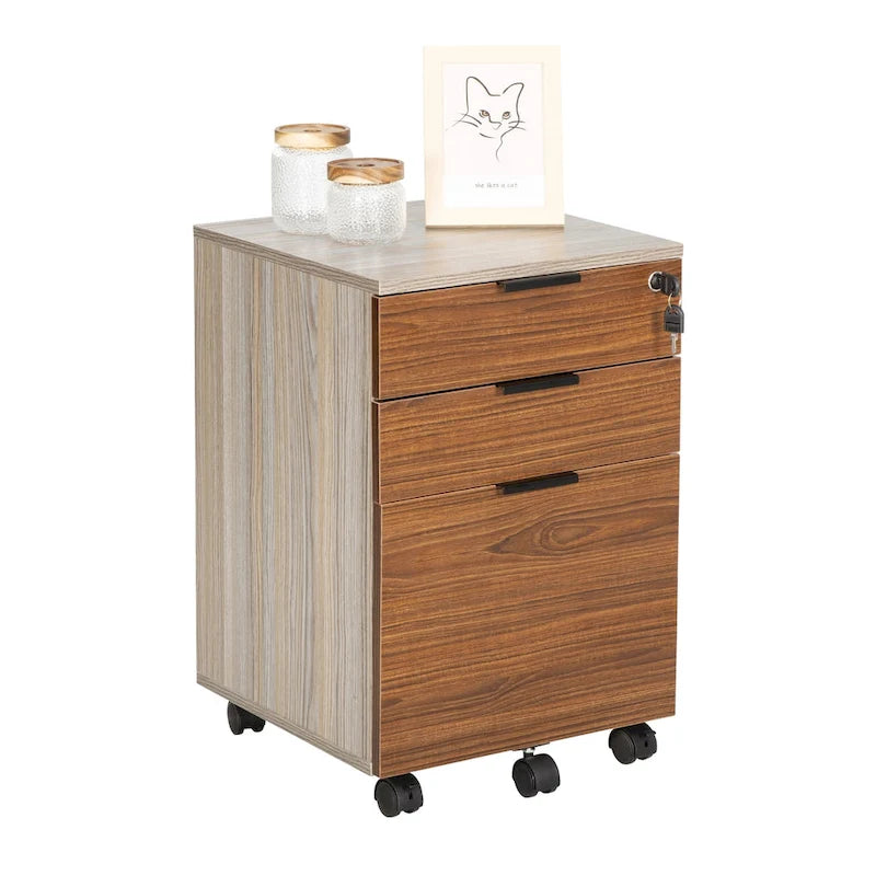 JJS 3 Drawer Rolling File Cabinet Wooden Storage with Lock & Wheels