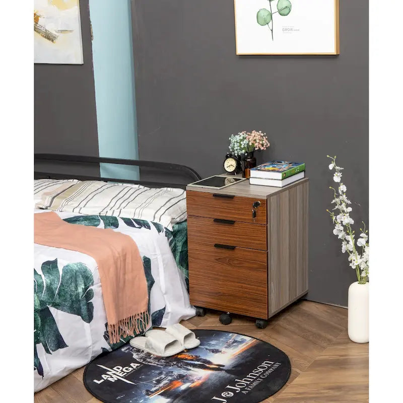 JJS 3 Drawer Rolling File Cabinet Wooden Storage with Lock & Wheels