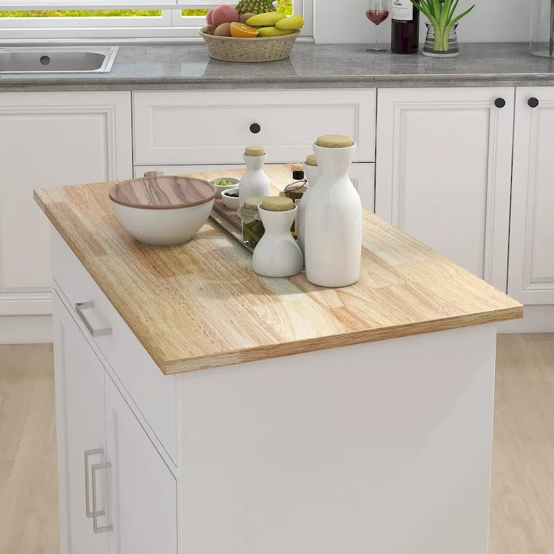 Rolling Kitchen Island with Rubber Wood Top, 33-inch White Storage Trolley Cart with 1 Drawer, Adjustable Shelves & Towel Rack