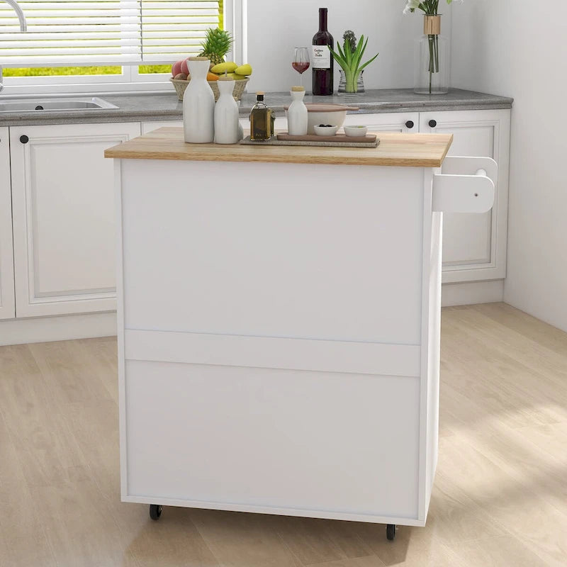 Rolling Kitchen Island with Rubber Wood Top, 33-inch White Storage Trolley Cart with 1 Drawer, Adjustable Shelves & Towel Rack