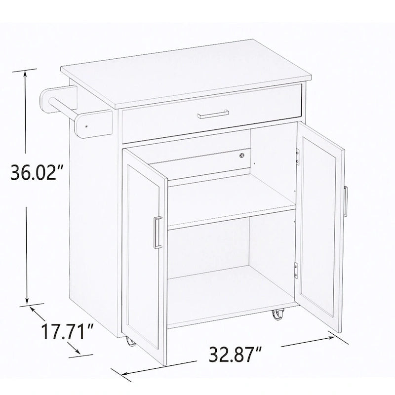 Rolling Kitchen Island with Rubber Wood Top, 33-inch White Storage Trolley Cart with 1 Drawer, Adjustable Shelves & Towel Rack