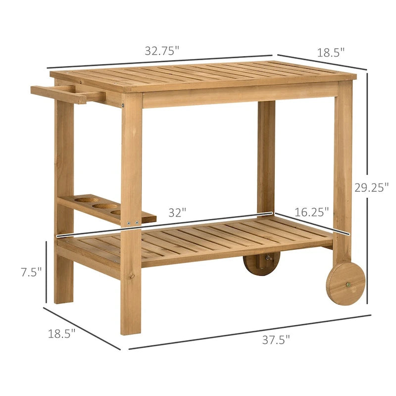 Outdoor Bar Cart, Wood Rolling Home Bar & Serving Cart with 2 Shelves
