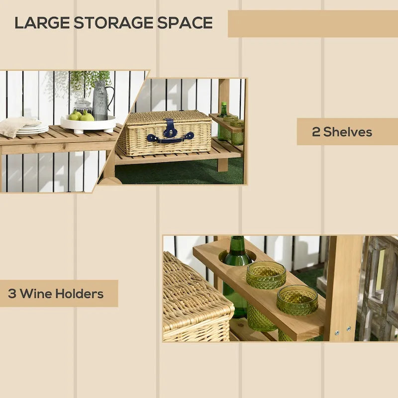 Outdoor Bar Cart, Wood Rolling Home Bar & Serving Cart with 2 Shelves