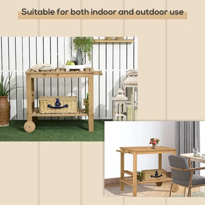 Outdoor Bar Cart, Wood Rolling Home Bar & Serving Cart with 2 Shelves