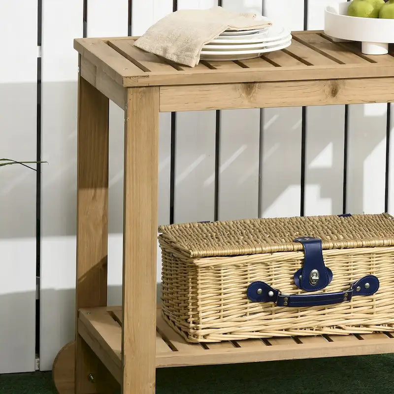 Outdoor Bar Cart, Wood Rolling Home Bar & Serving Cart with 2 Shelves