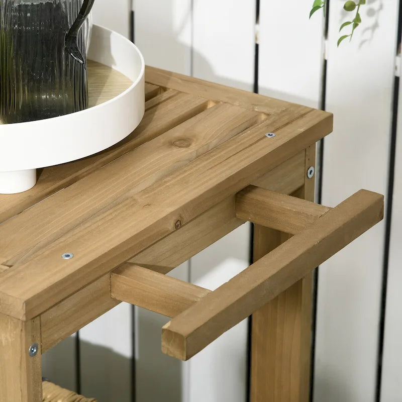Outdoor Bar Cart, Wood Rolling Home Bar & Serving Cart with 2 Shelves