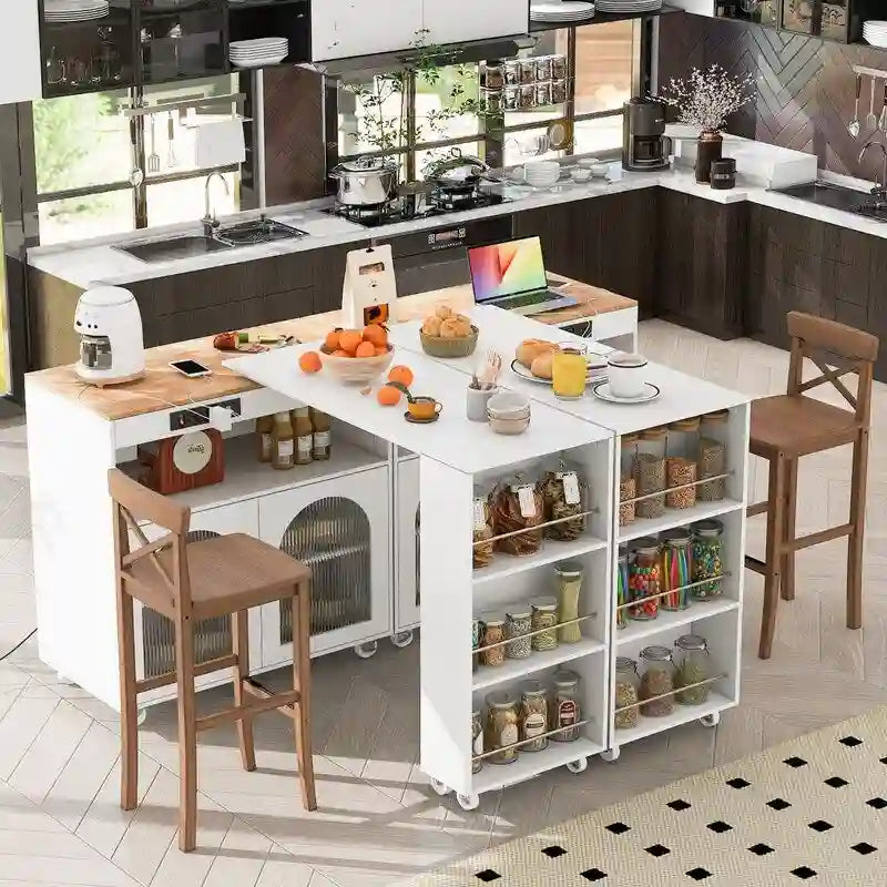 Rolling Kitchen Island on Wheels With Extended Table,LED Lights,Power Outlets and 2 Fluted Glass Doors