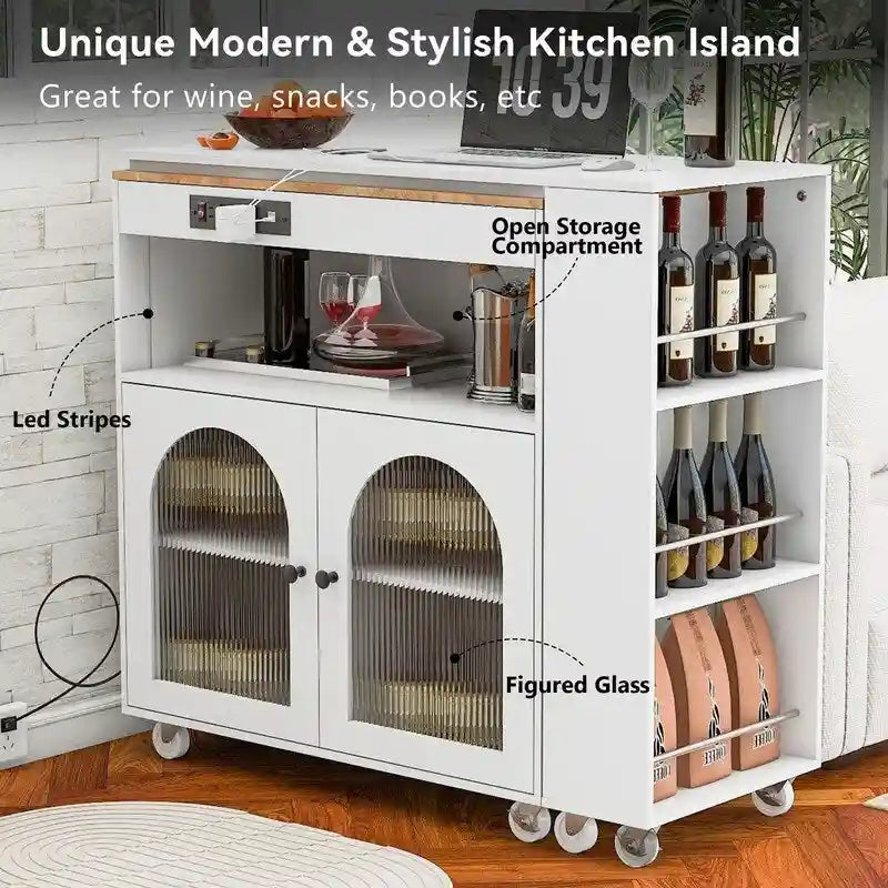 Rolling Kitchen Island on Wheels With Extended Table,LED Lights,Power Outlets and 2 Fluted Glass Doors