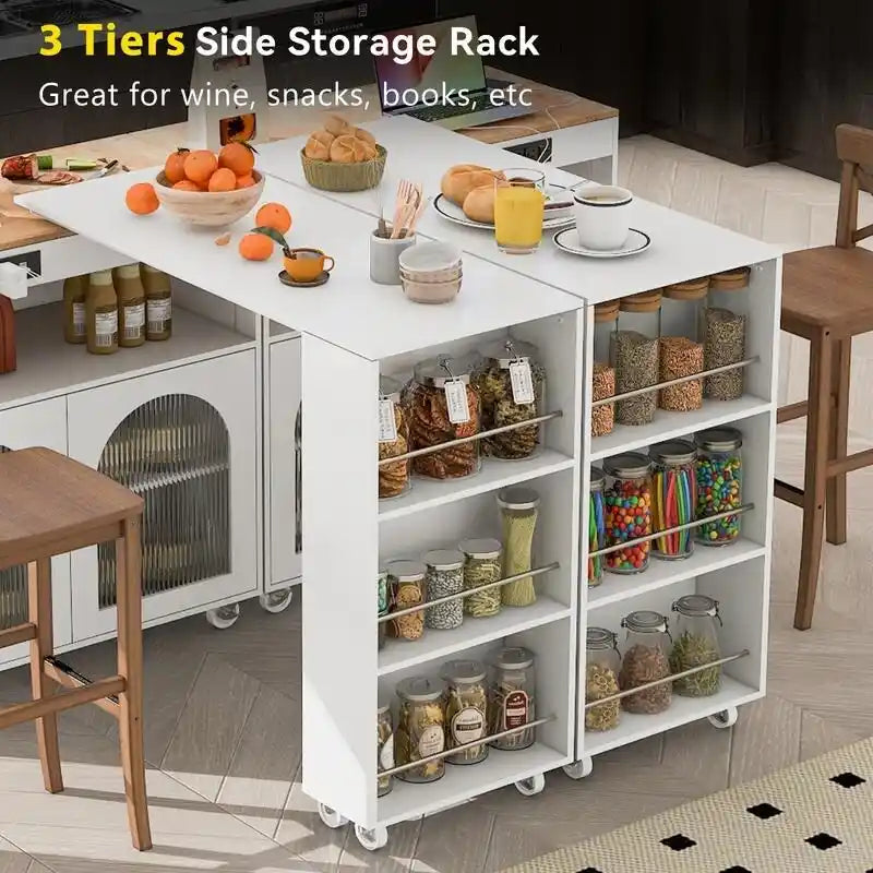 Rolling Kitchen Island on Wheels With Extended Table,LED Lights,Power Outlets and 2 Fluted Glass Doors