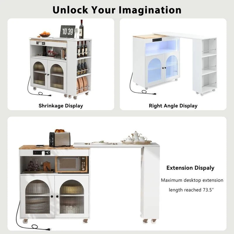 Rolling Kitchen Island on Wheels With Extended Table,LED Lights,Power Outlets and 2 Fluted Glass Doors