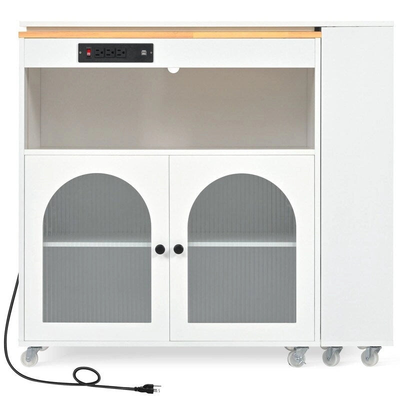 Rolling Kitchen Island on Wheels With Extended Table,LED Lights,Power Outlets and 2 Fluted Glass Doors