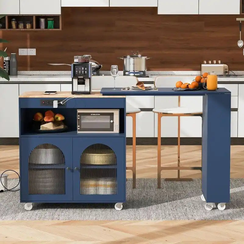 Rolling Kitchen Island on Wheels With Extended Table,LED Lights,Power Outlets and 2 Fluted Glass Doors