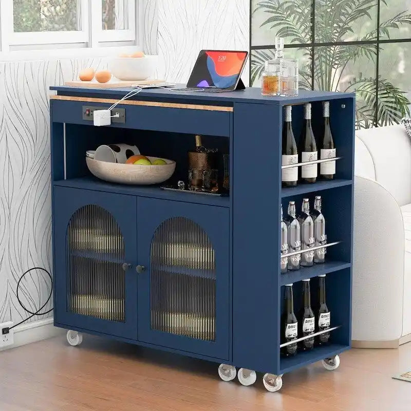 Rolling Kitchen Island on Wheels With Extended Table,LED Lights,Power Outlets and 2 Fluted Glass Doors