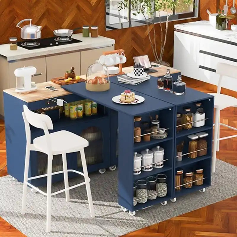 Rolling Kitchen Island on Wheels With Extended Table,LED Lights,Power Outlets and 2 Fluted Glass Doors