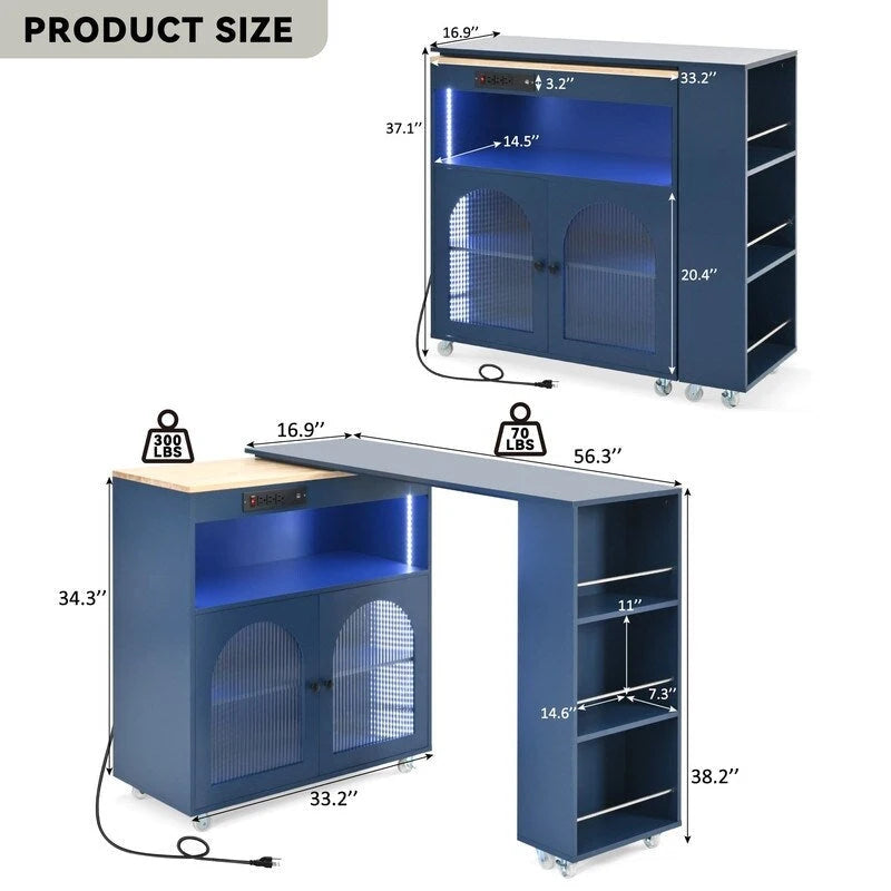 Rolling Kitchen Island on Wheels With Extended Table,LED Lights,Power Outlets and 2 Fluted Glass Doors