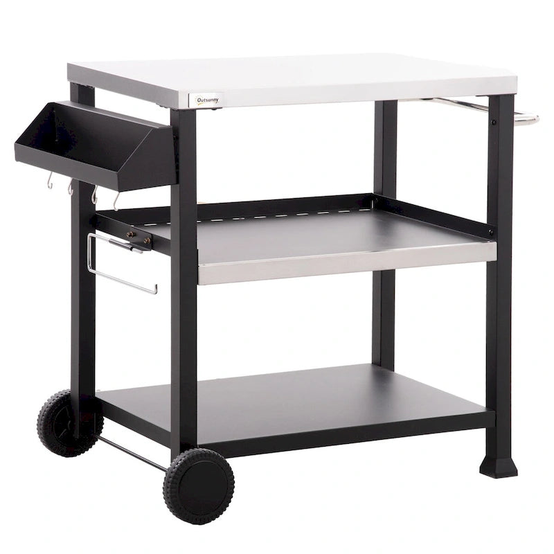 Three-Shelf Outdoor Grill Cart with Stainless Steel Tabletop