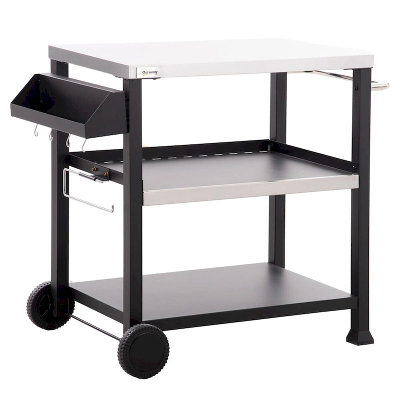 Three-Shelf Outdoor Grill Cart with Stainless Steel Tabletop