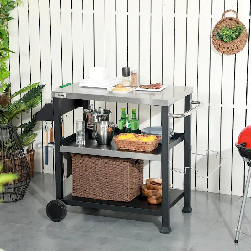 Three-Shelf Outdoor Grill Cart with Stainless Steel Tabletop