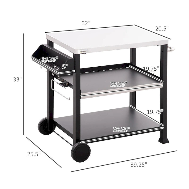 Three-Shelf Outdoor Grill Cart with Stainless Steel Tabletop