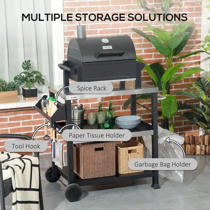 Three-Shelf Outdoor Grill Cart with Stainless Steel Tabletop