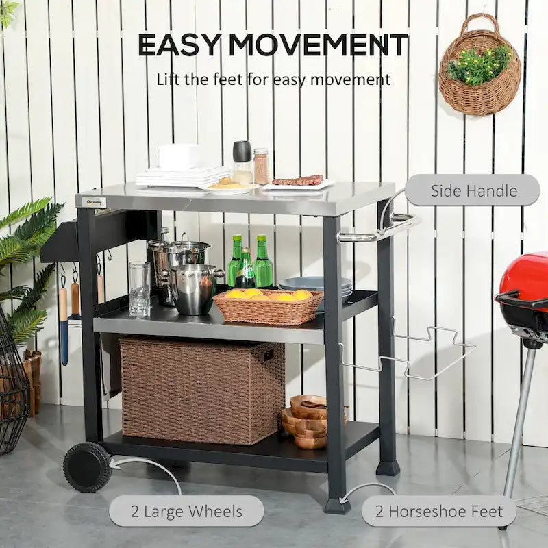 Three-Shelf Outdoor Grill Cart with Stainless Steel Tabletop