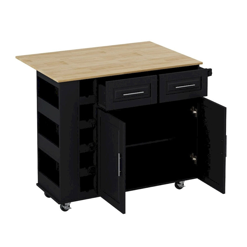 Multi-Functional Kitchen Island Cart with 2 Door Cabinet and Wine Rack - N/A