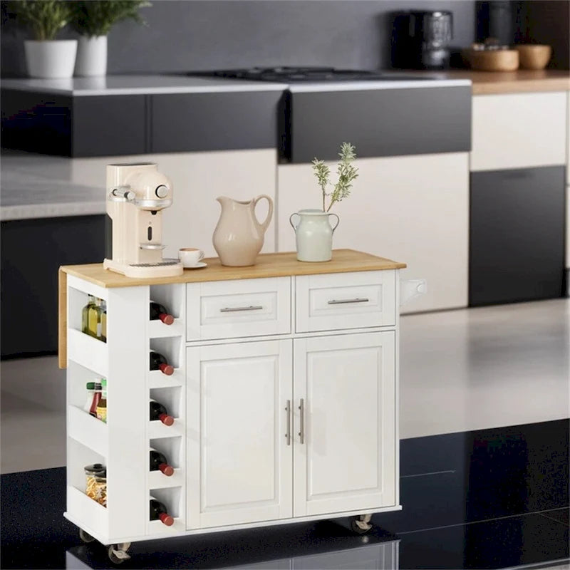 Multi-Functional Kitchen Island Cart with 2 Door Cabinet and Wine Rack - N/A