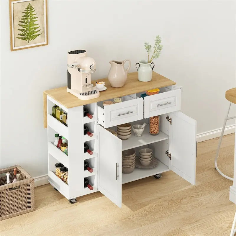 Multi-Functional Kitchen Island Cart with 2 Door Cabinet and Wine Rack - N/A