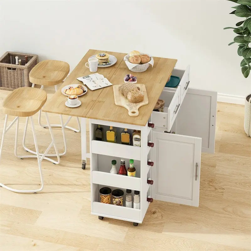 Multi-Functional Kitchen Island Cart with 2 Door Cabinet and Wine Rack - N/A