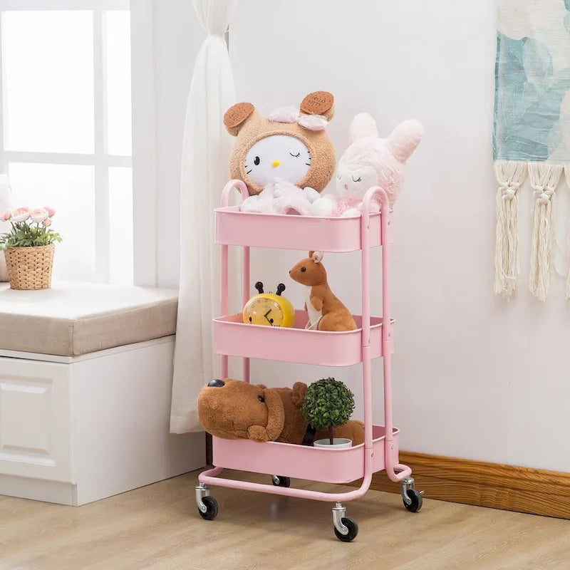 Pink 3-Tier Metal Cart Storage Shelves Organizer Trolley Cart with Wheels - 31*14*18