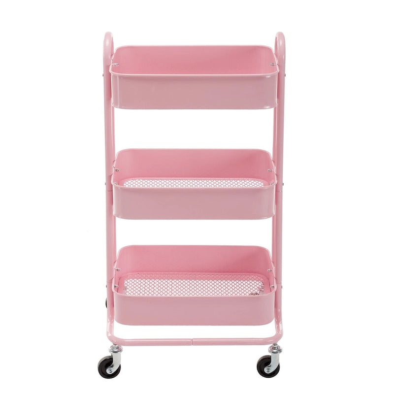 Pink 3-Tier Metal Cart Storage Shelves Organizer Trolley Cart with Wheels - 31*14*18
