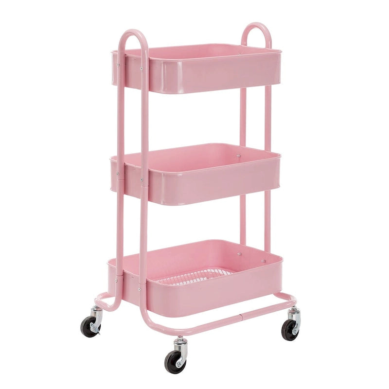Pink 3-Tier Metal Cart Storage Shelves Organizer Trolley Cart with Wheels - 31*14*18