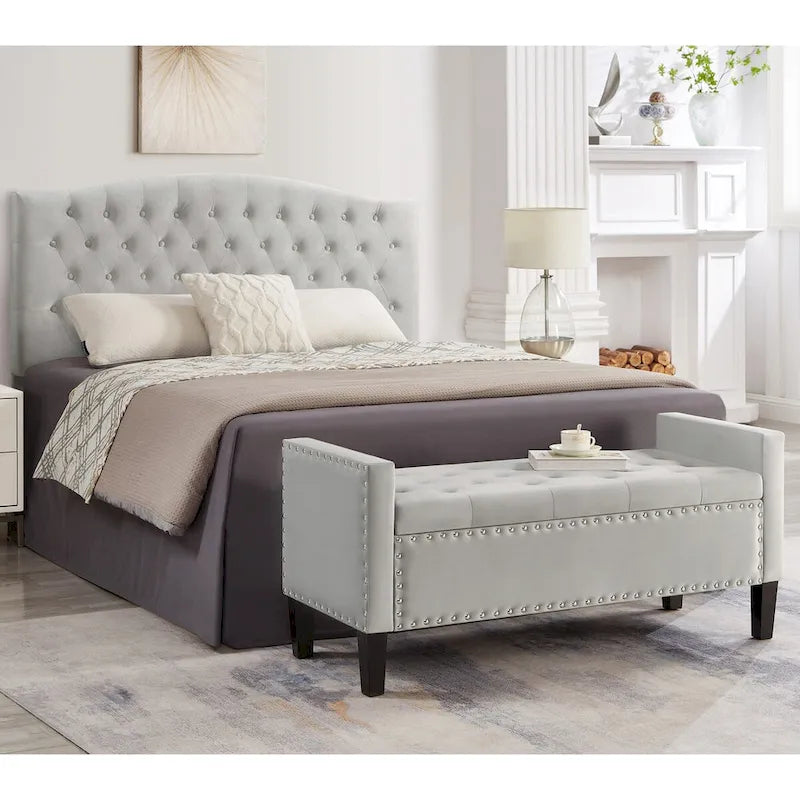 Upholstered Tufted Button Storage Bench with nails trim,Entryway Living Room Soft Padded Seat with Armrest,Bed Bench-Gray