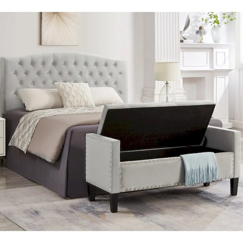Upholstered Tufted Button Storage Bench with nails trim,Entryway Living Room Soft Padded Seat with Armrest,Bed Bench-Gray