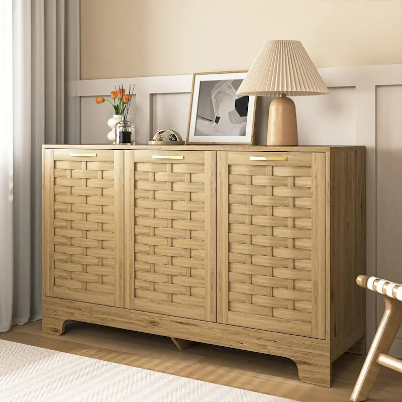 Storage Cabinet with 3 Doors, Wood Sideboard Buffet Storage with Adjustable Shelf, Anti-tip Kit Accent Cabinet