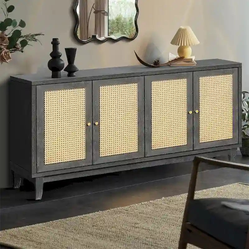 Wood Sideboard Cabinet with 4 Rattan Doors and Adjustable Shelves